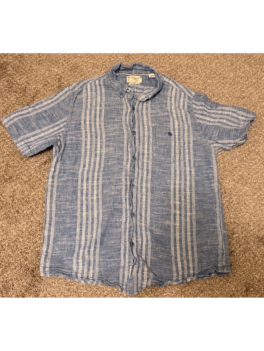 Weatherproof Vintage Men’s Blue Striped Washable Linen Shirt Medium